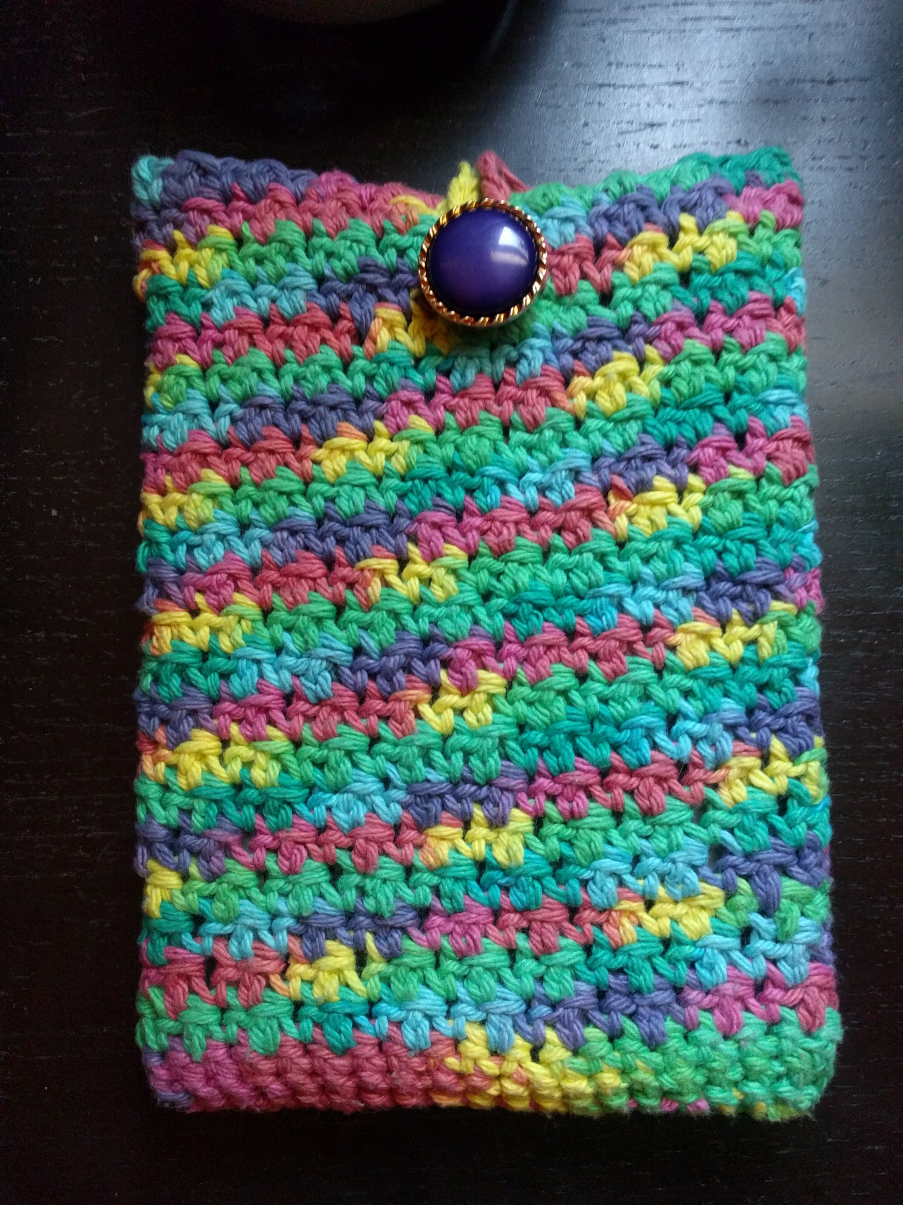 A multicolor sleeve for an e-reader with a loop and button