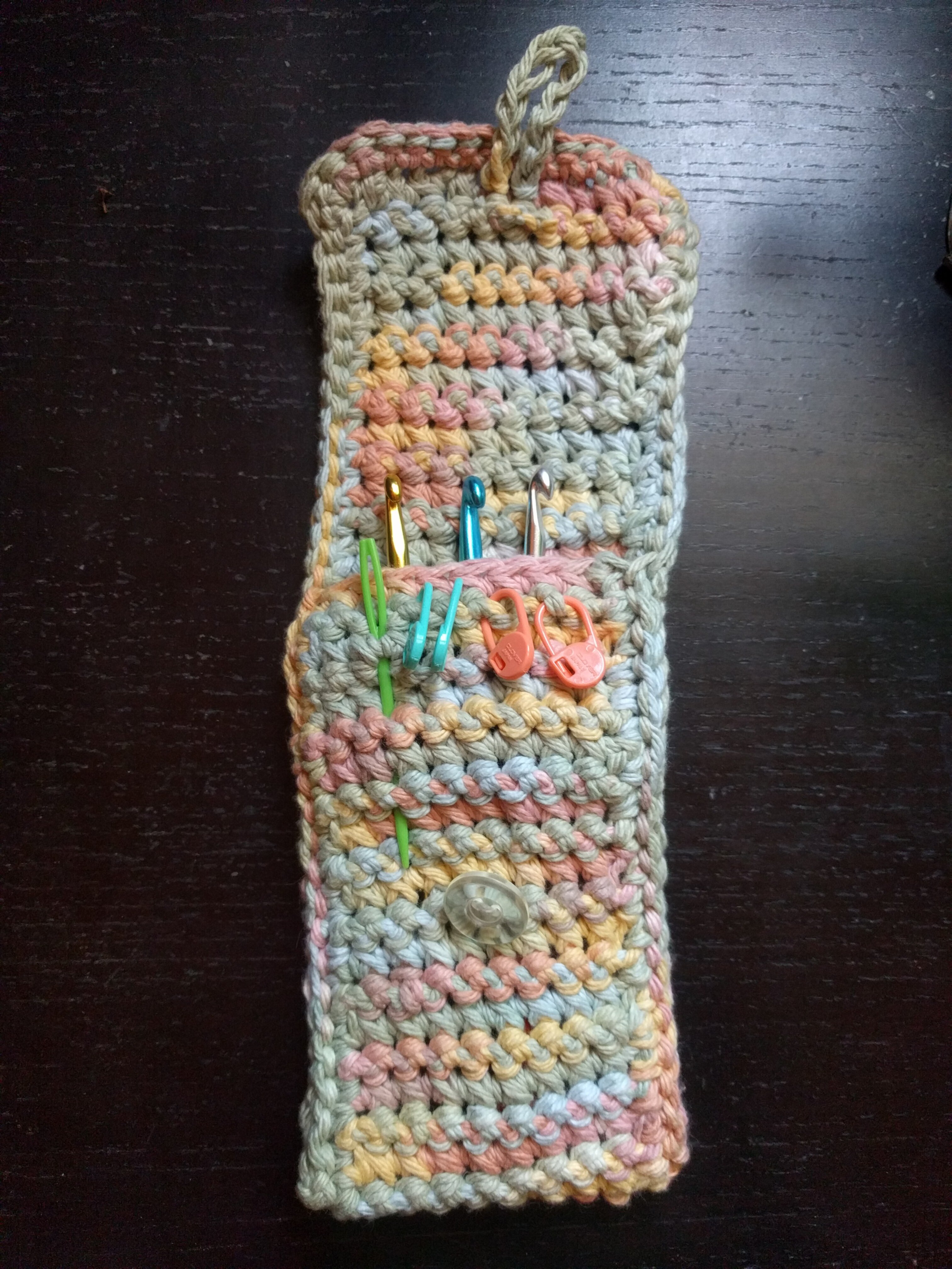 A slim case made of yarn with an open flap at the top and crochet hooks visible inside