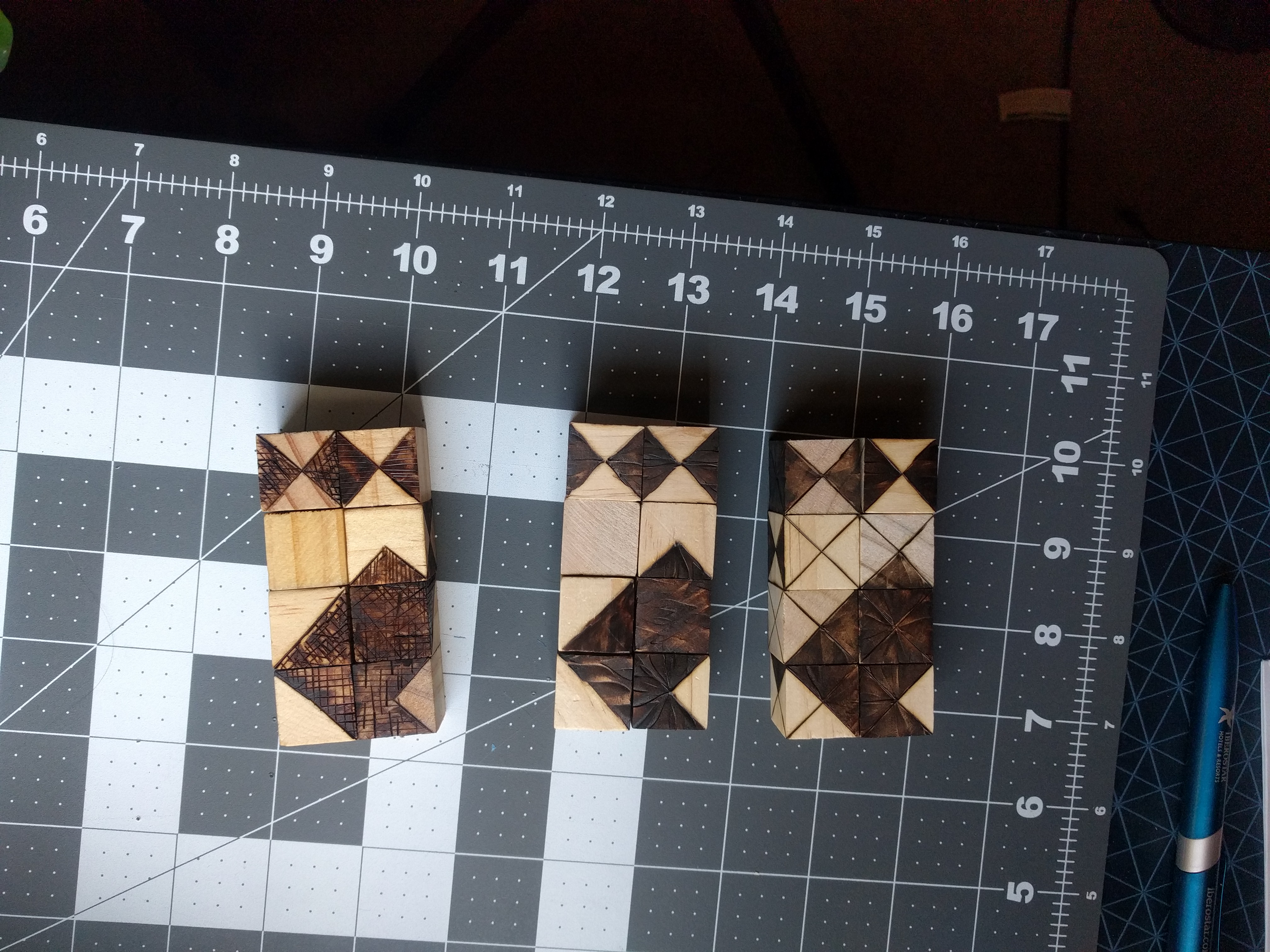 Three finished sets of hako dice